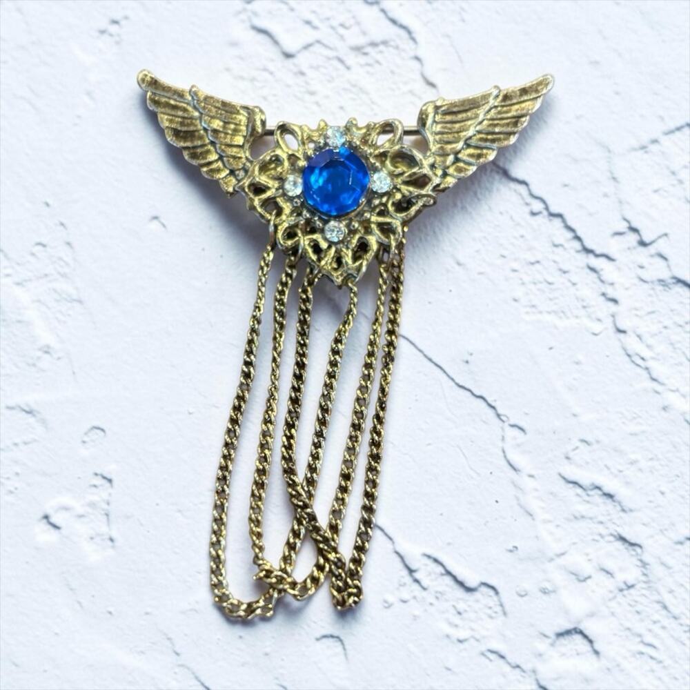 Winged Cobalt Rhinestone Brooch Draped Chain Pin Victorian Revival 1960s